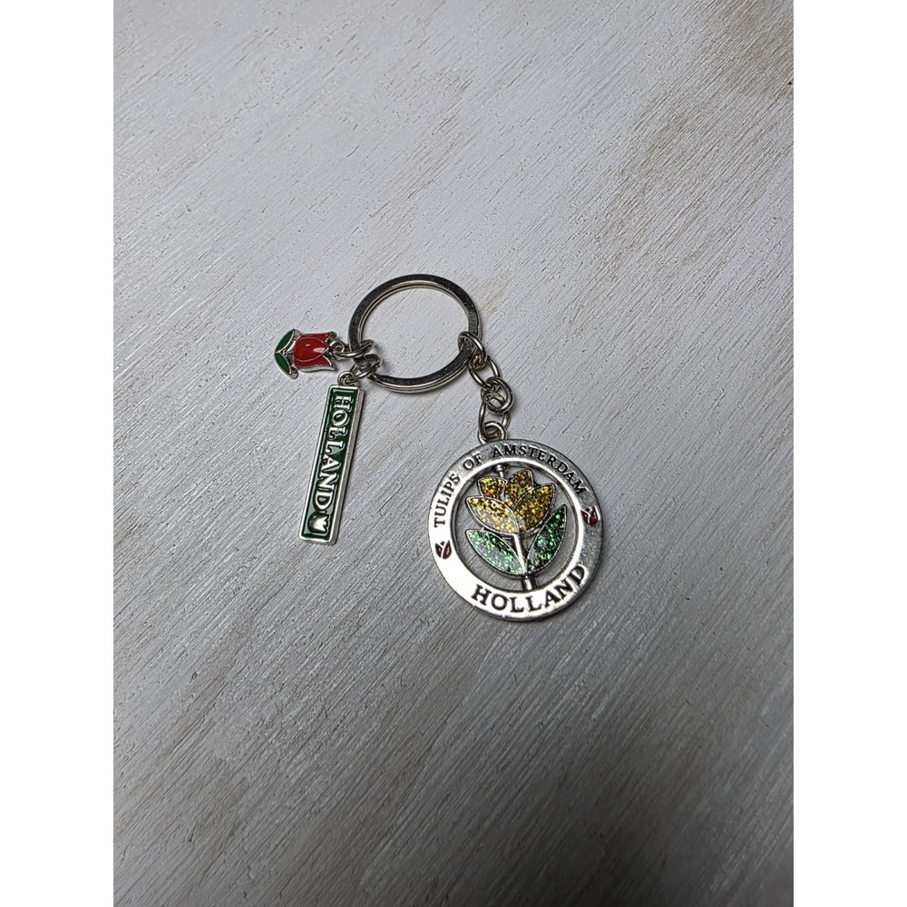 Holland Tulip Flower Silver Travel Sparkle Spinner Keychain